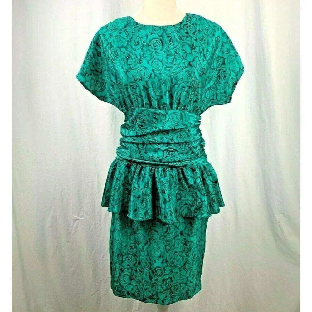 Vintage Millicent of California Cocktail Dress 6 Green Black Peplum Floral